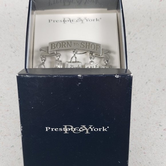 JJ Jonette Jewelry "BORN TO SHOP" Dangle Novelty Charms Pewter Brooch Pin NIB - Picture 8 of 8